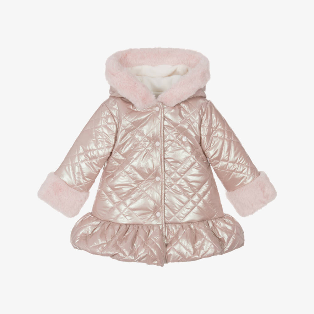 Patachou-Girls Pale Pink Quilted Coat with Faux Fur Trims | Childrensalon Outlet