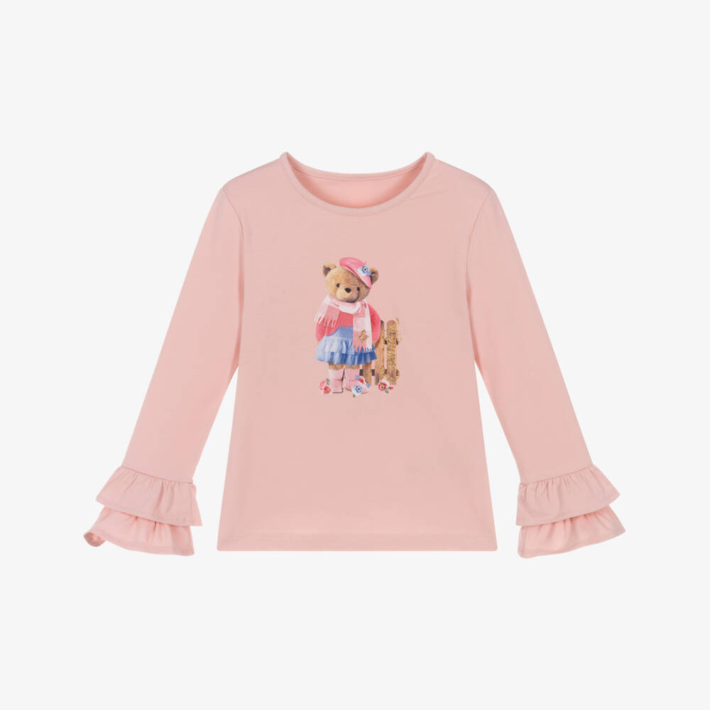 Lapin House-Girls Pale Pink Teddy Bear Print Top | Childrensalon Outlet