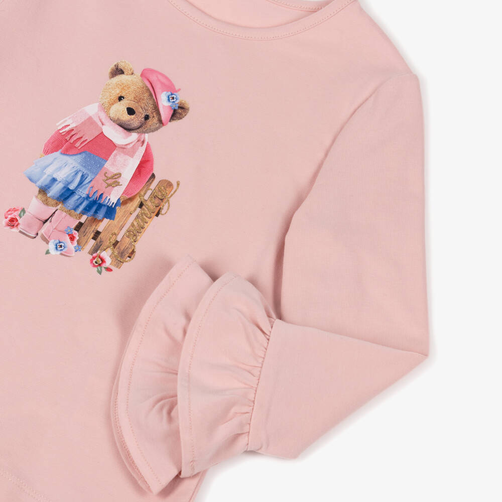 Lapin House-Girls Pale Pink Teddy Bear Print Top | Childrensalon Outlet