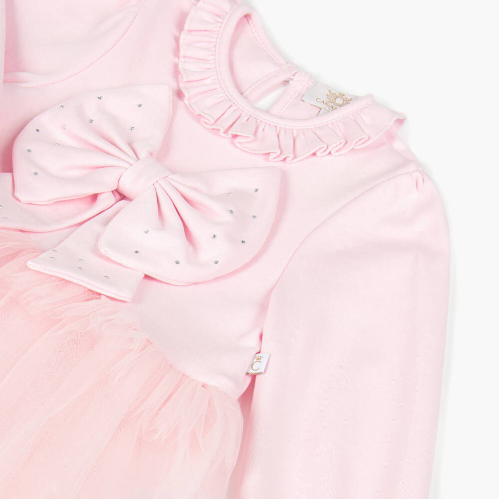 Caramelo Kids-Girls Pale Pink Tulle Dress Set with Diamanté Bows | Childrensalon Outlet