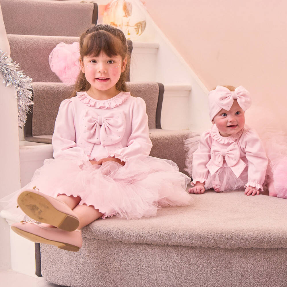 Caramelo Kids-Girls Pale Pink Tulle Dress Set with Diamanté Bows | Childrensalon Outlet