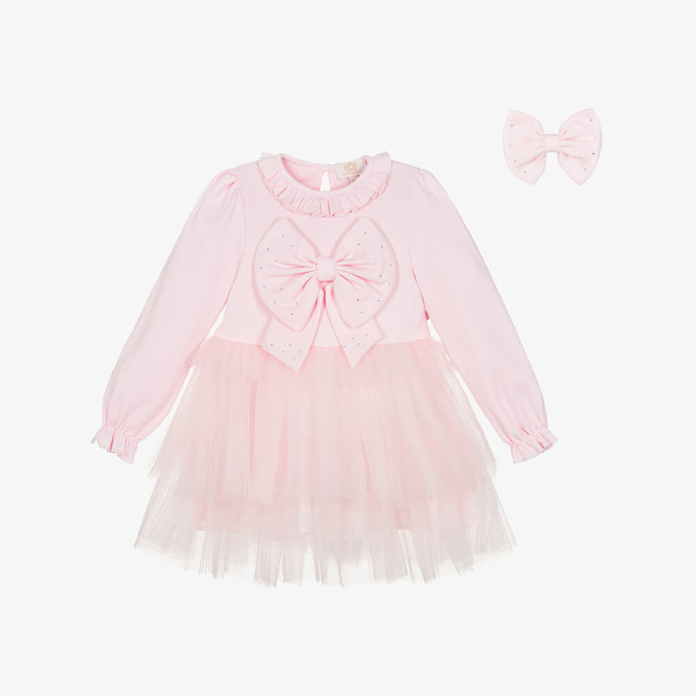 Caramelo Kids-Girls Pale Pink Tulle Dress Set with Diamanté Bows | Childrensalon Outlet