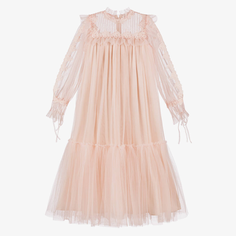 Petite Amalie-Girls Pale Pink Tulle Maxi Dress with Floral Embroidery | Childrensalon Outlet