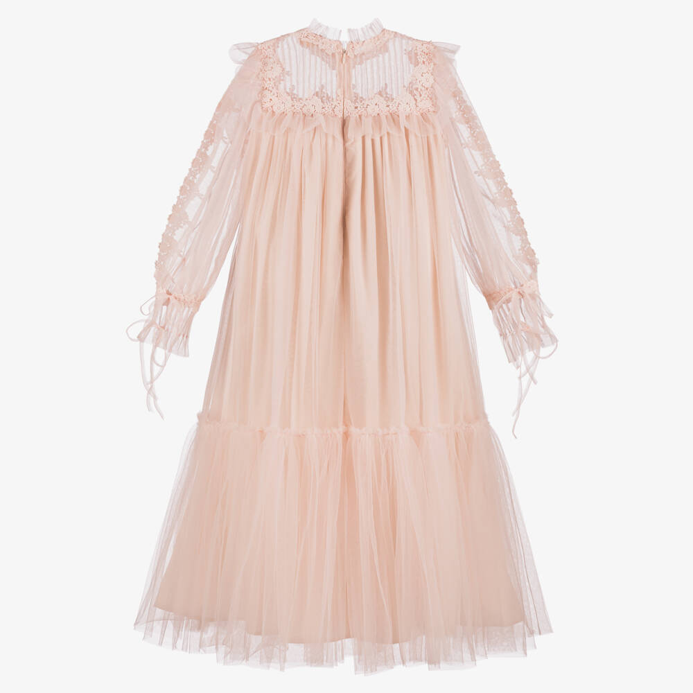 Petite Amalie-Girls Pale Pink Tulle Maxi Dress with Floral Embroidery | Childrensalon Outlet