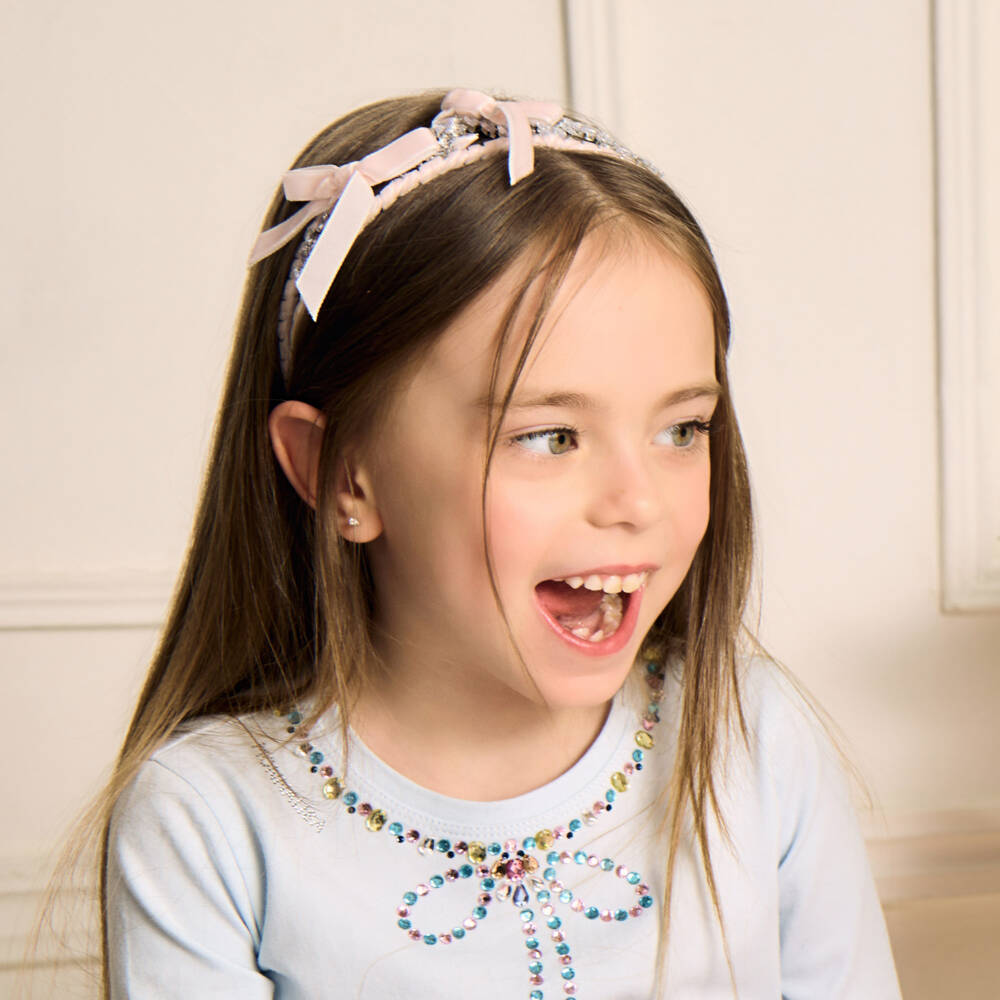 Monnalisa-Girls Pale Pink Velvet Bow & Silver Leaf Hairband | Childrensalon Outlet