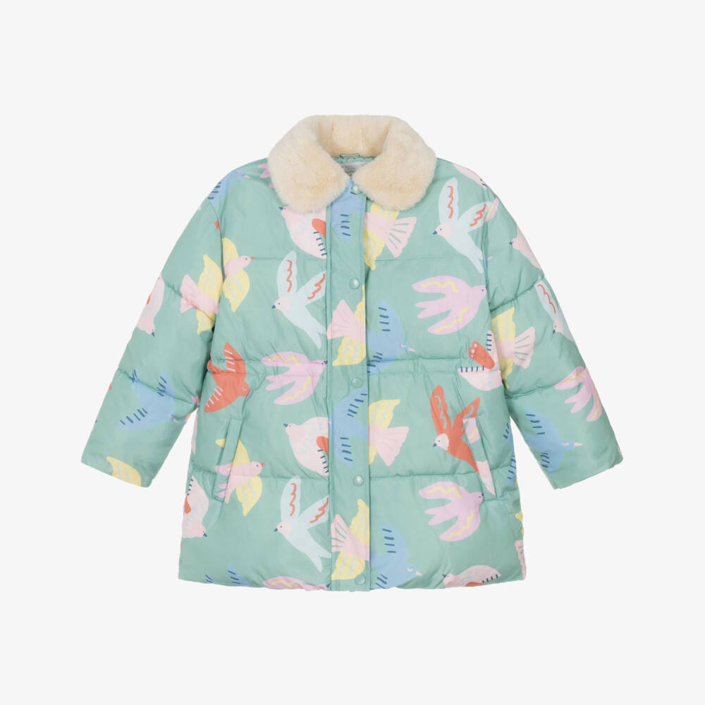 Stella McCartney Kids-Girls Pastel Green Bird Print Puffer Coat | Childrensalon Outlet