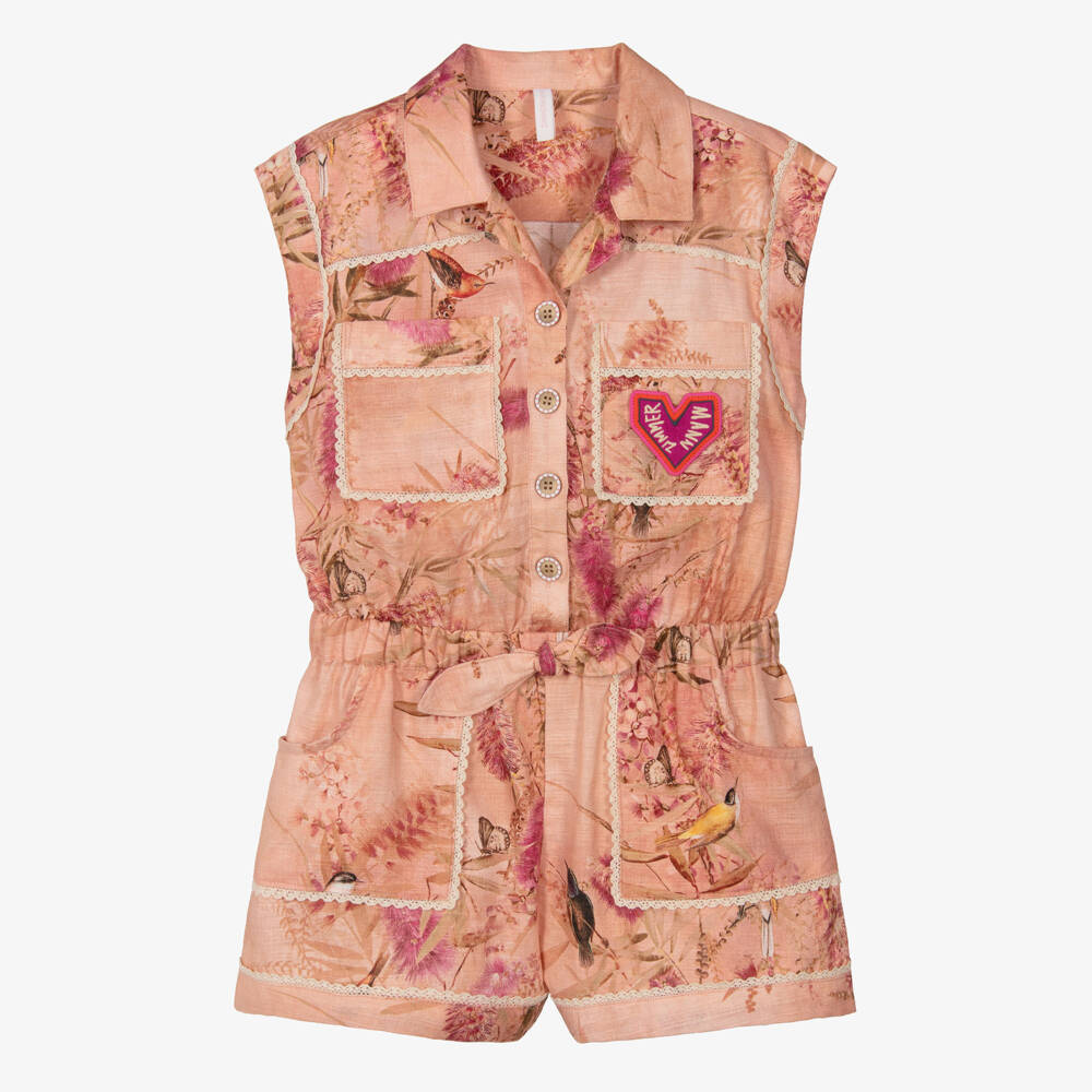 Zimmermann-Girls Peach Floral & Bird Print Playsuit | Childrensalon Outlet