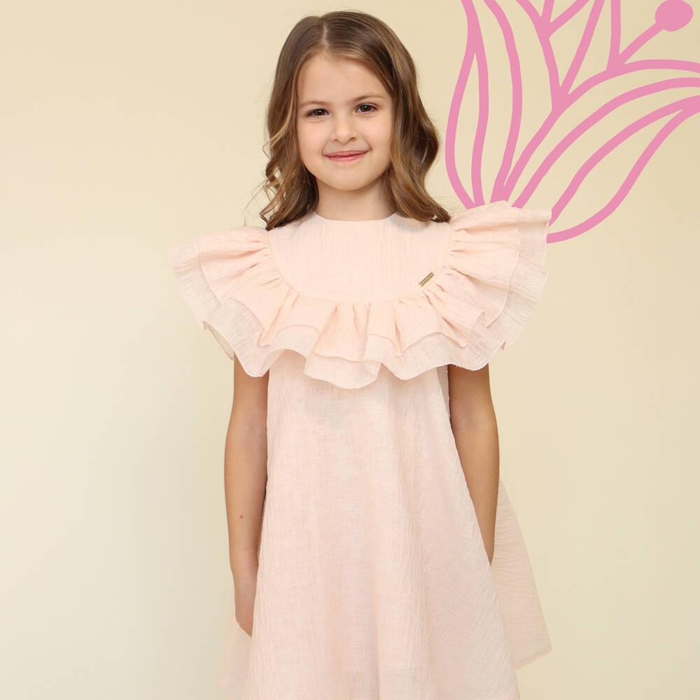 POCA & POCA-Girls Peach Pink Ruffle Dress | Childrensalon Outlet