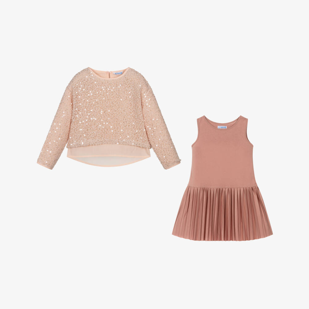 Mayoral-Girls Peach Pink Sequin Pleated Dress Set | Childrensalon Outlet