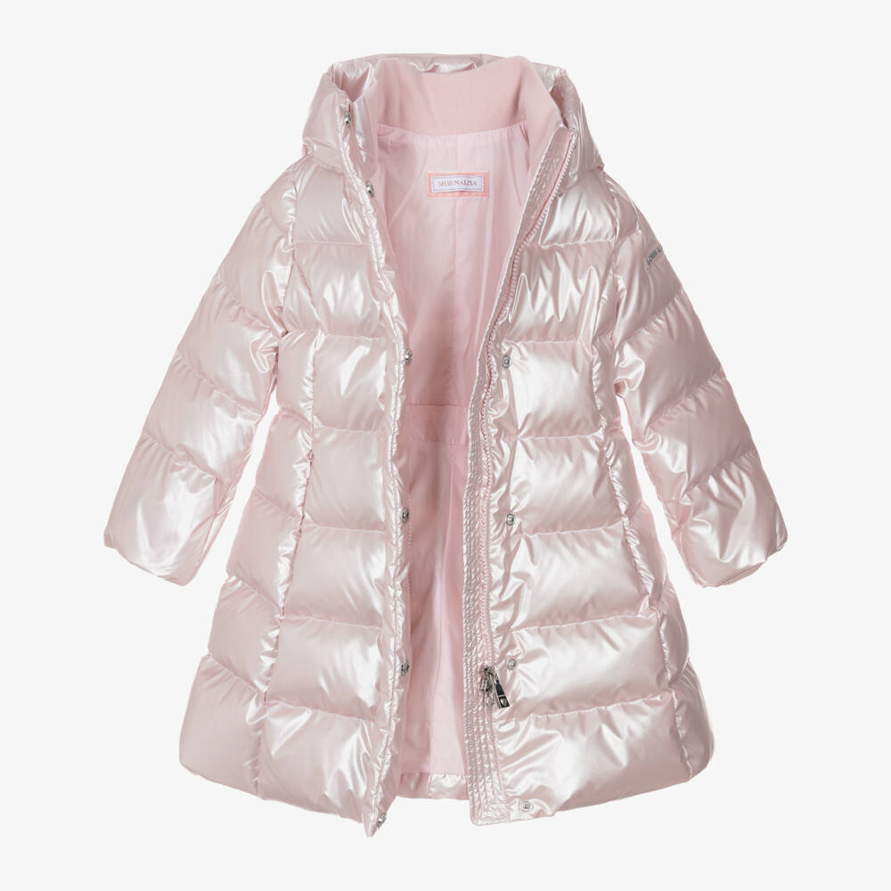 Monnalisa-Girls Pearly Pink Hooded Down Puffer Coat | Childrensalon Outlet