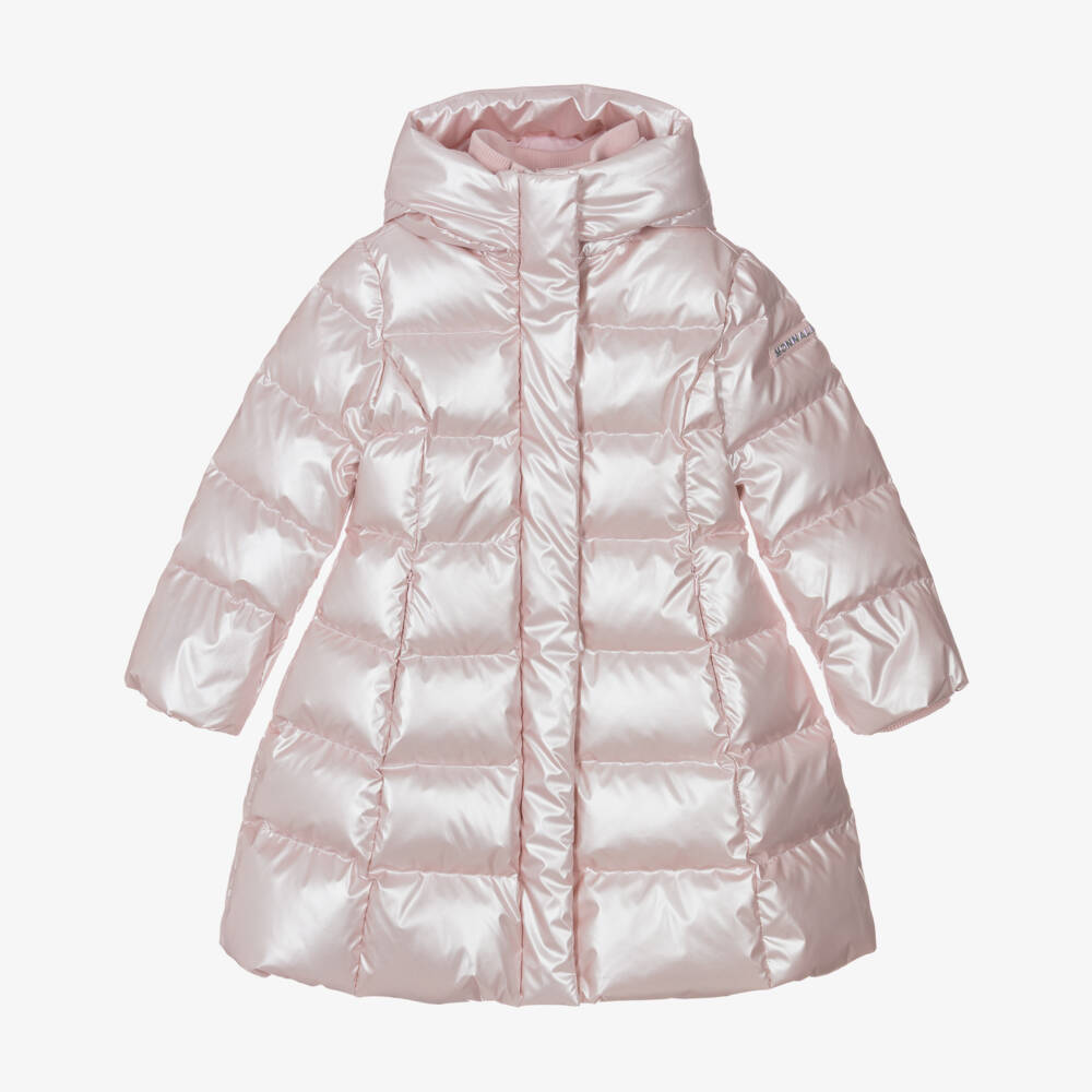 Monnalisa-Girls Pearly Pink Hooded Down Puffer Coat | Childrensalon Outlet
