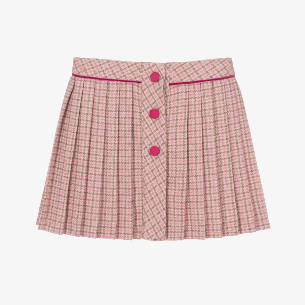 Piccola Speranza-Girls Pink & Beige Wool Houndstooth Pattern Skirt | Childrensalon Outlet