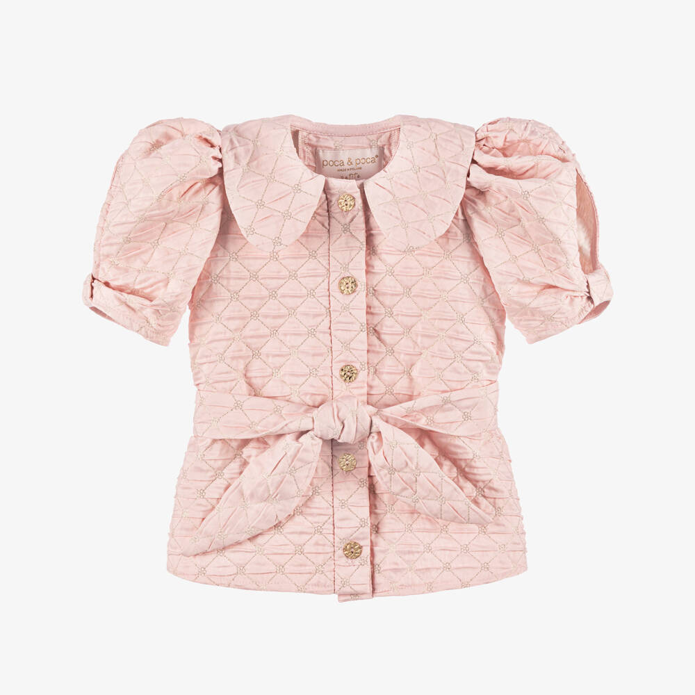 POCA & POCA-Girls Pink Belted Blouse with Embroidered Gold Quilting  | Childrensalon Outlet