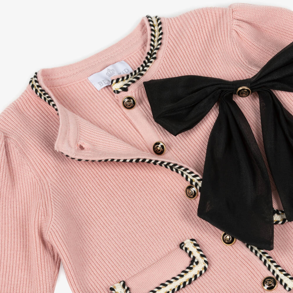Beau KiD-Girls Pink & Black Knitted Skirt Set with Bow Brooch | Childrensalon Outlet