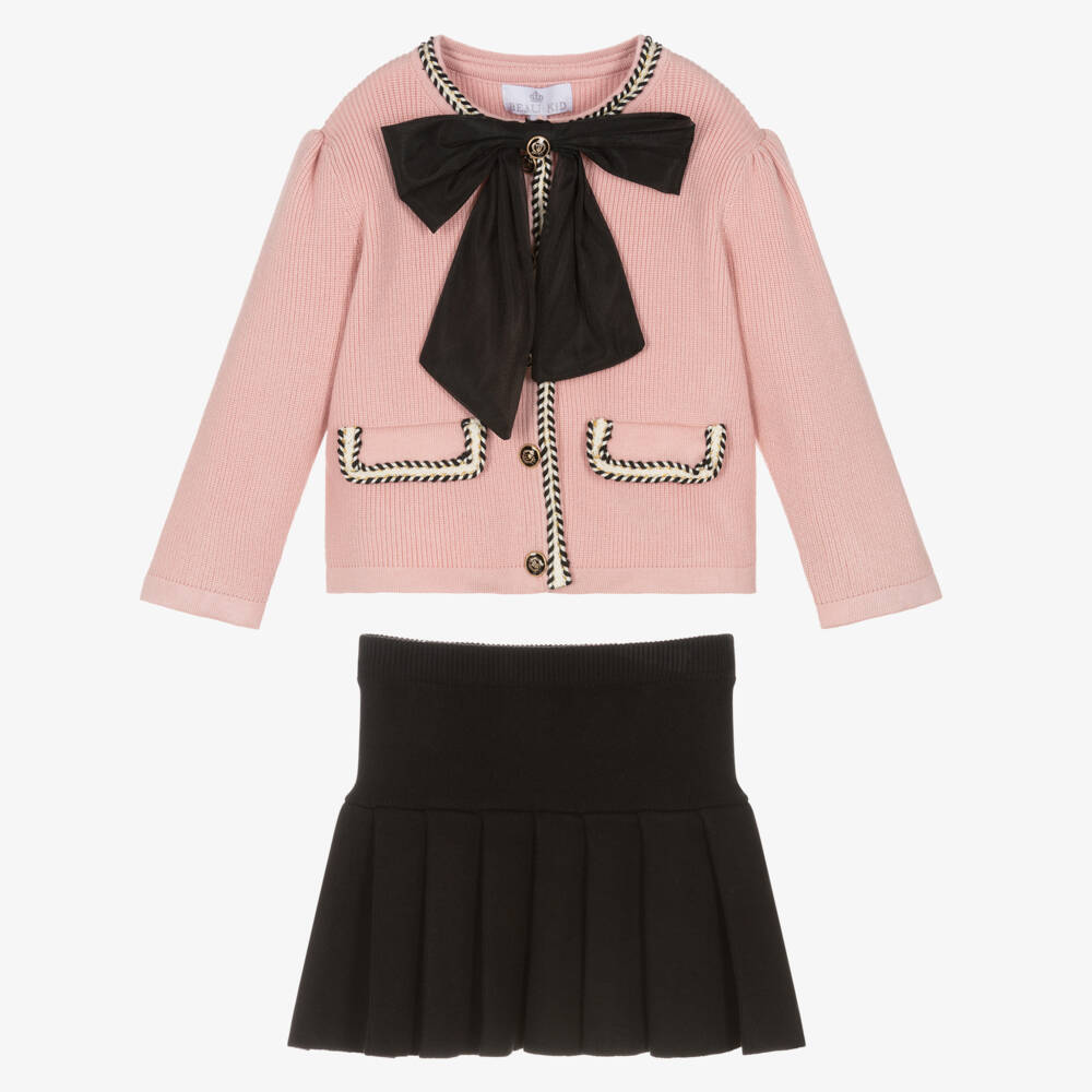 Beau KiD-Girls Pink & Black Knitted Skirt Set with Bow Brooch | Childrensalon Outlet