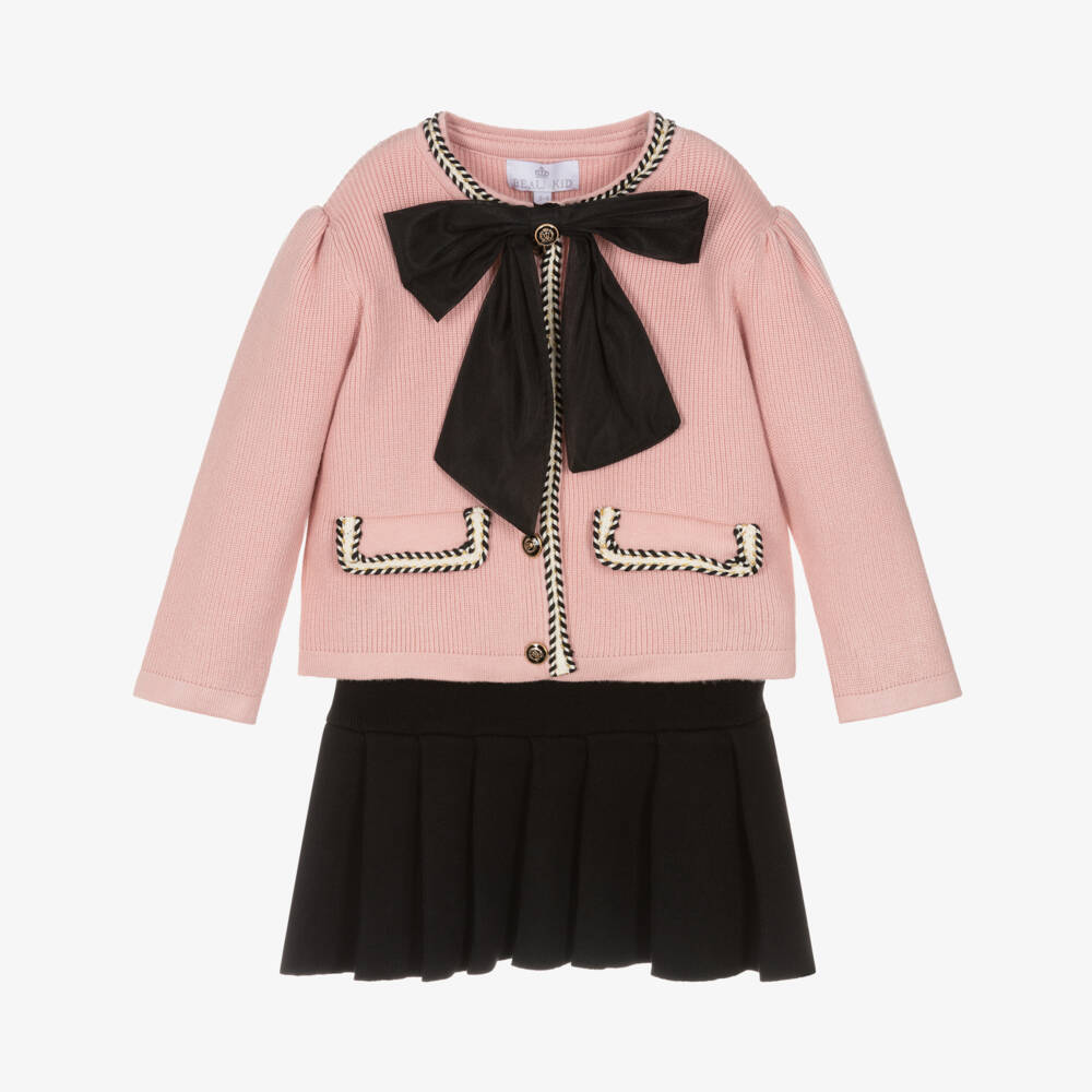 Beau KiD-Girls Pink & Black Knitted Skirt Set with Bow Brooch | Childrensalon Outlet