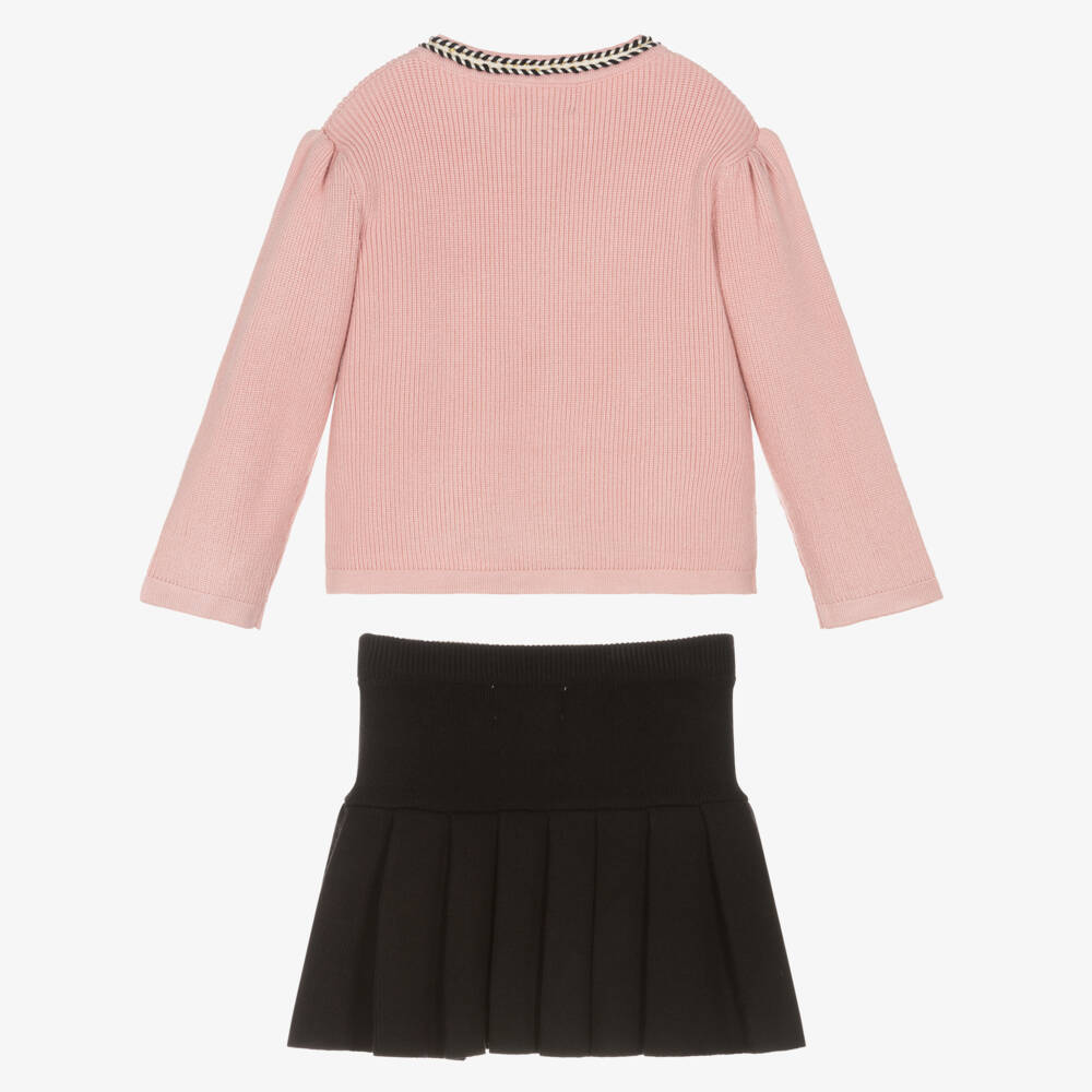 Beau KiD-Girls Pink & Black Knitted Skirt Set with Bow Brooch | Childrensalon Outlet