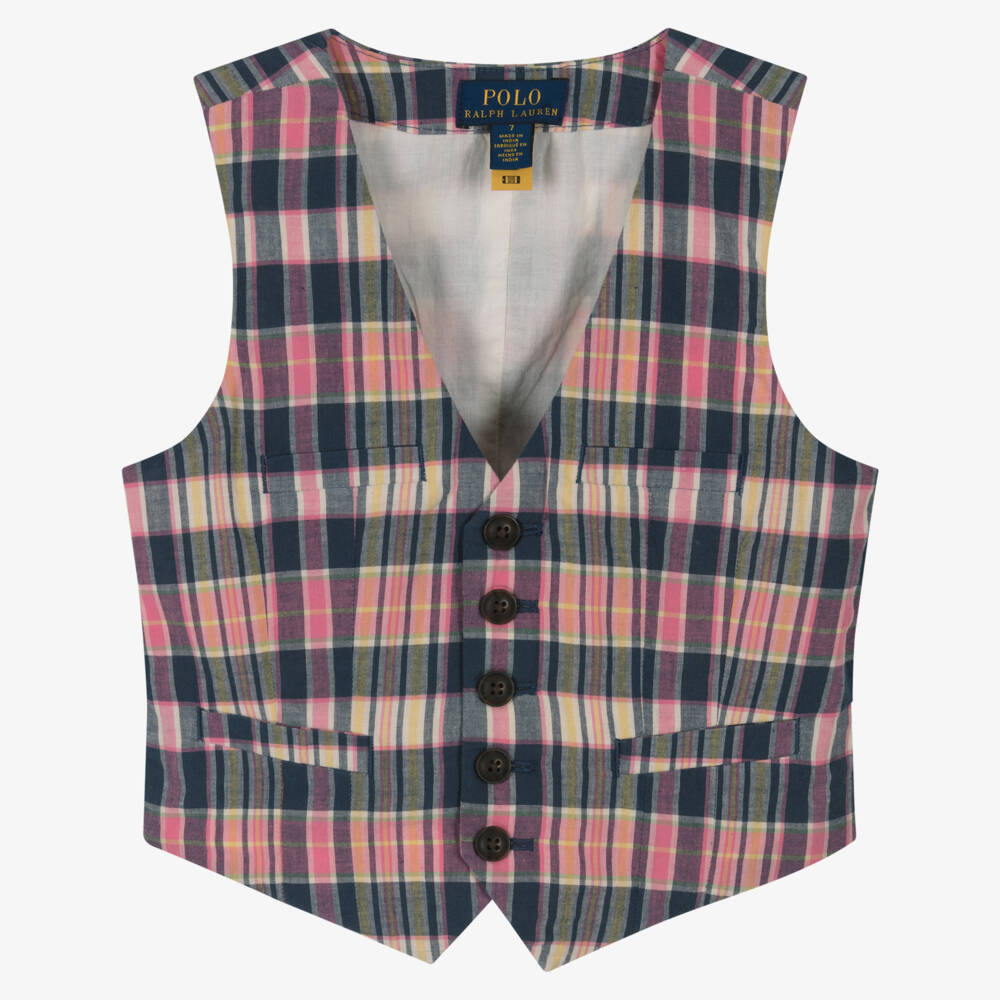Ralph Lauren-Girls Pink & Blue Check Cotton Waistcoat | Childrensalon Outlet