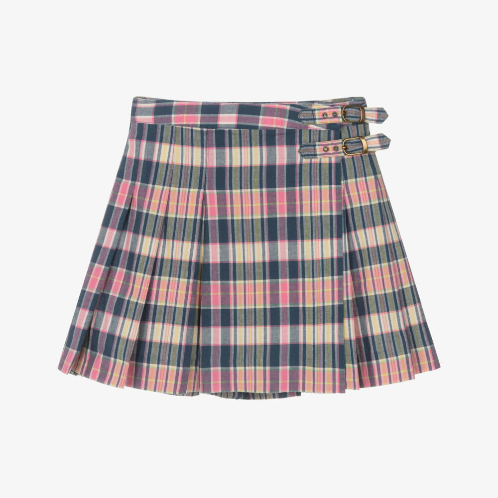 Ralph Lauren-Girls Pink & Blue Check Pleated Cotton Skirt | Childrensalon Outlet