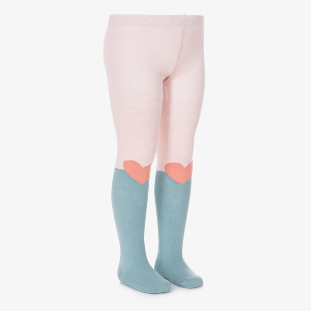 Stella McCartney Kids-Girls Pink & Blue Cotton Tights with Orange Hearts | Childrensalon Outlet