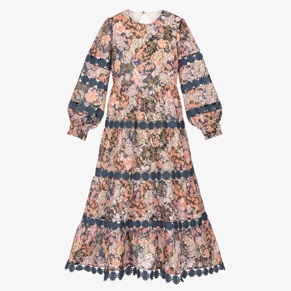 Marlo Kids-Girls PInk & Blue Floral Cotton Maxi Dress | Childrensalon Outlet