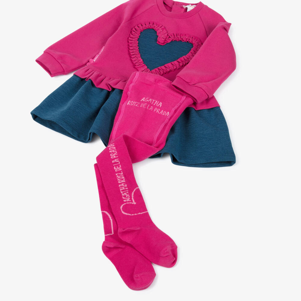 Agatha Ruiz de la Prada-Girls Pink & Blue Heart Jersey Dress & Tights Set | Childrensalon Outlet