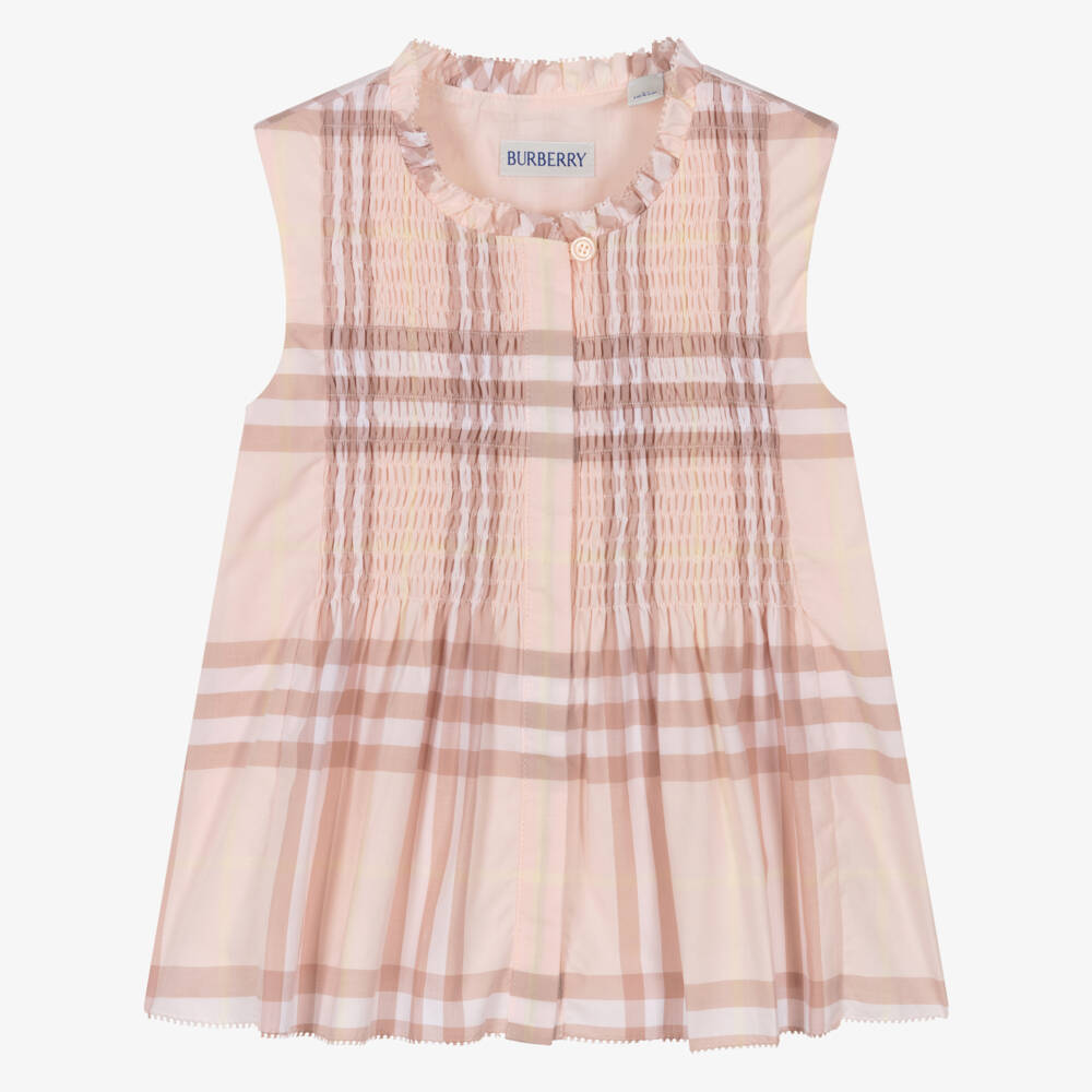 Burberry-Girls Pink Check Sleeveless Cotton Blouse | Childrensalon Outlet