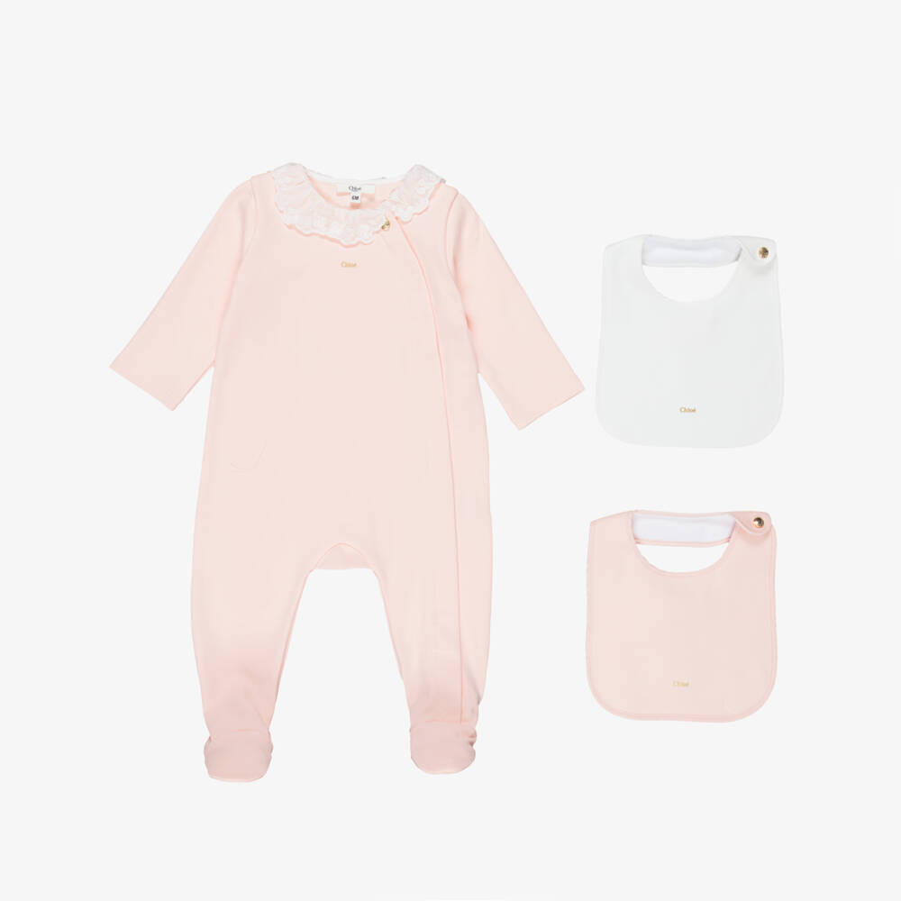 Chloé-Girls Pink Cotton Babygrow & Bib Set | Childrensalon Outlet