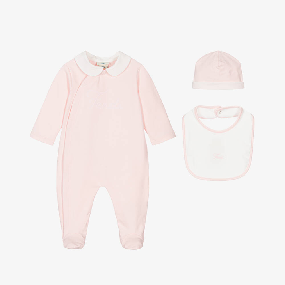 Fendi-Girls Pink Cotton Babygrow Gift Set | Childrensalon Outlet