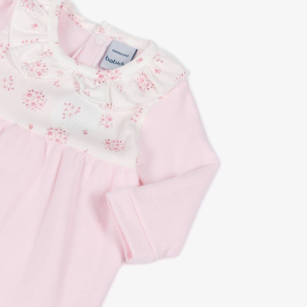 Babidu-Girls Pink Cotton Babygrow with Floral Bodice | Childrensalon Outlet