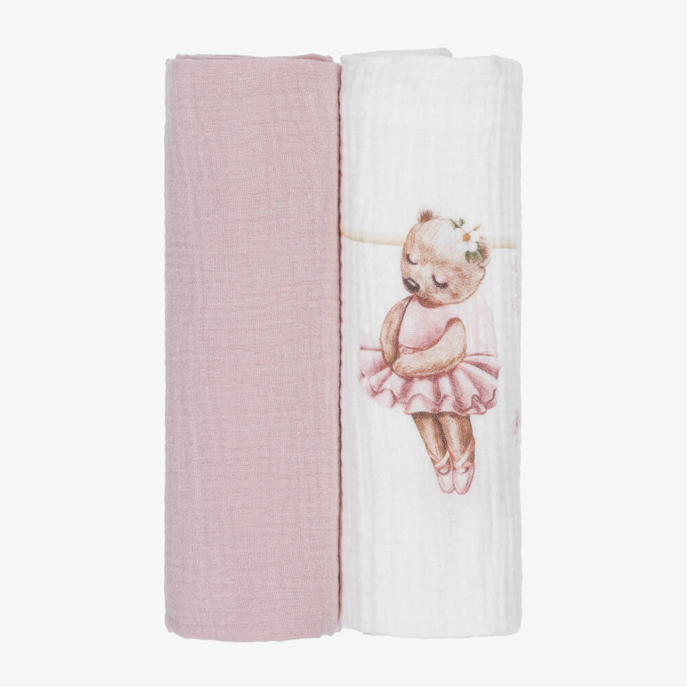Jamiks-Girls Pink Cotton Ballerina Bear Muslin Cloths (2 Pack) | Childrensalon Outlet