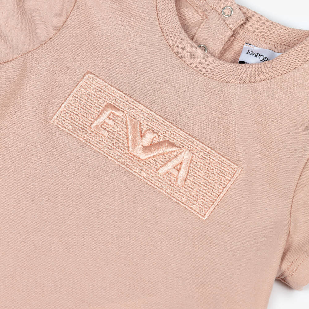 Emporio Armani-Girls Pink Cotton Embroidered Tonal Logo T-Shirt | Childrensalon Outlet