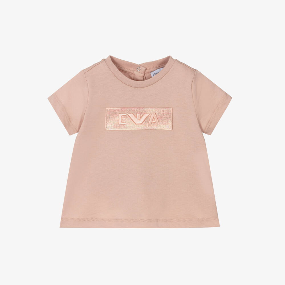 Emporio Armani-Girls Pink Cotton Embroidered Tonal Logo T-Shirt | Childrensalon Outlet
