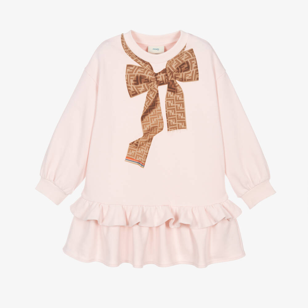 Fendi-Girls Pink Cotton FF Bow Dress | Childrensalon Outlet