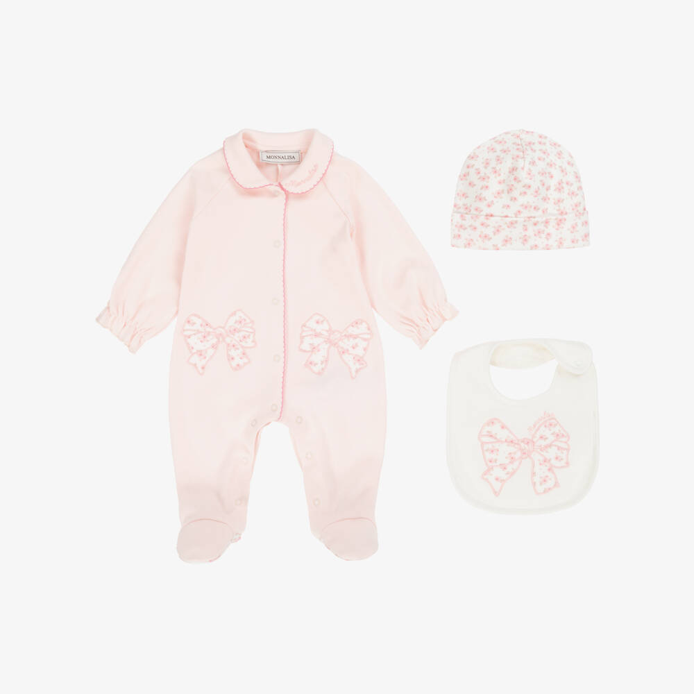 Monnalisa-Girls Pink Cotton Floral Bow Babysuit Set | Childrensalon Outlet