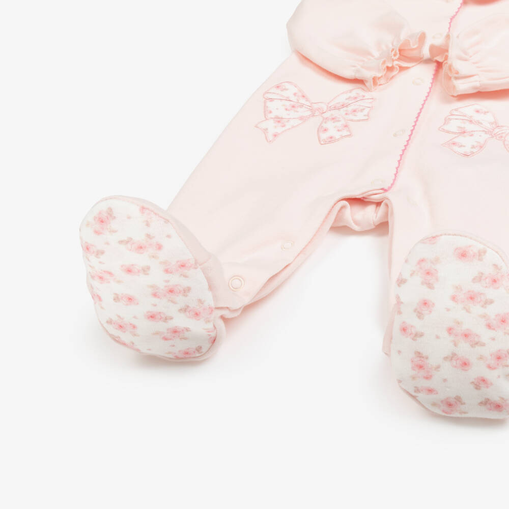 Monnalisa-Girls Pink Cotton Floral Bow Babysuit Set | Childrensalon Outlet