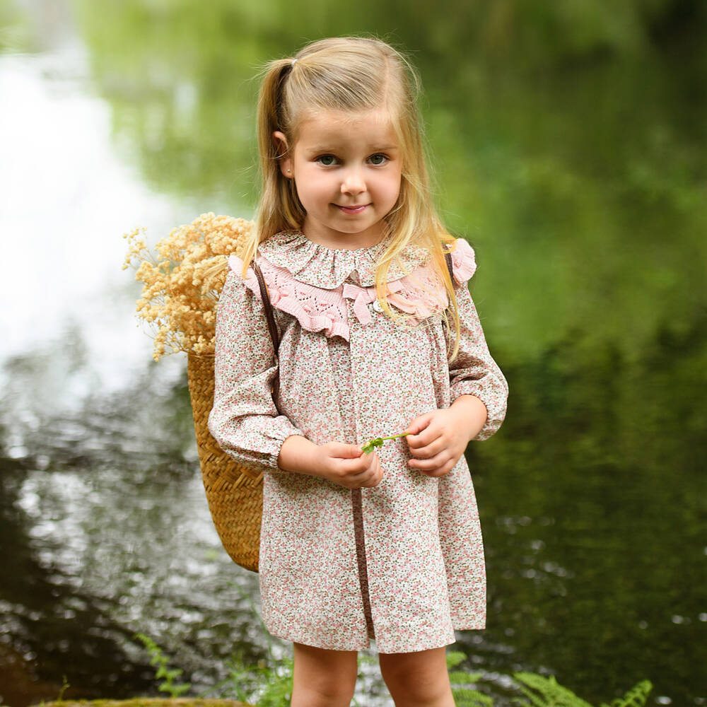 Foque-Girls Pink Cotton Floral Dress with Knitted Collar | Childrensalon Outlet