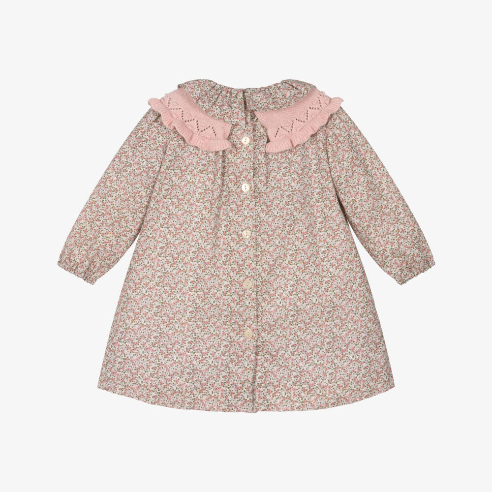 Foque-Girls Pink Cotton Floral Dress with Knitted Collar | Childrensalon Outlet