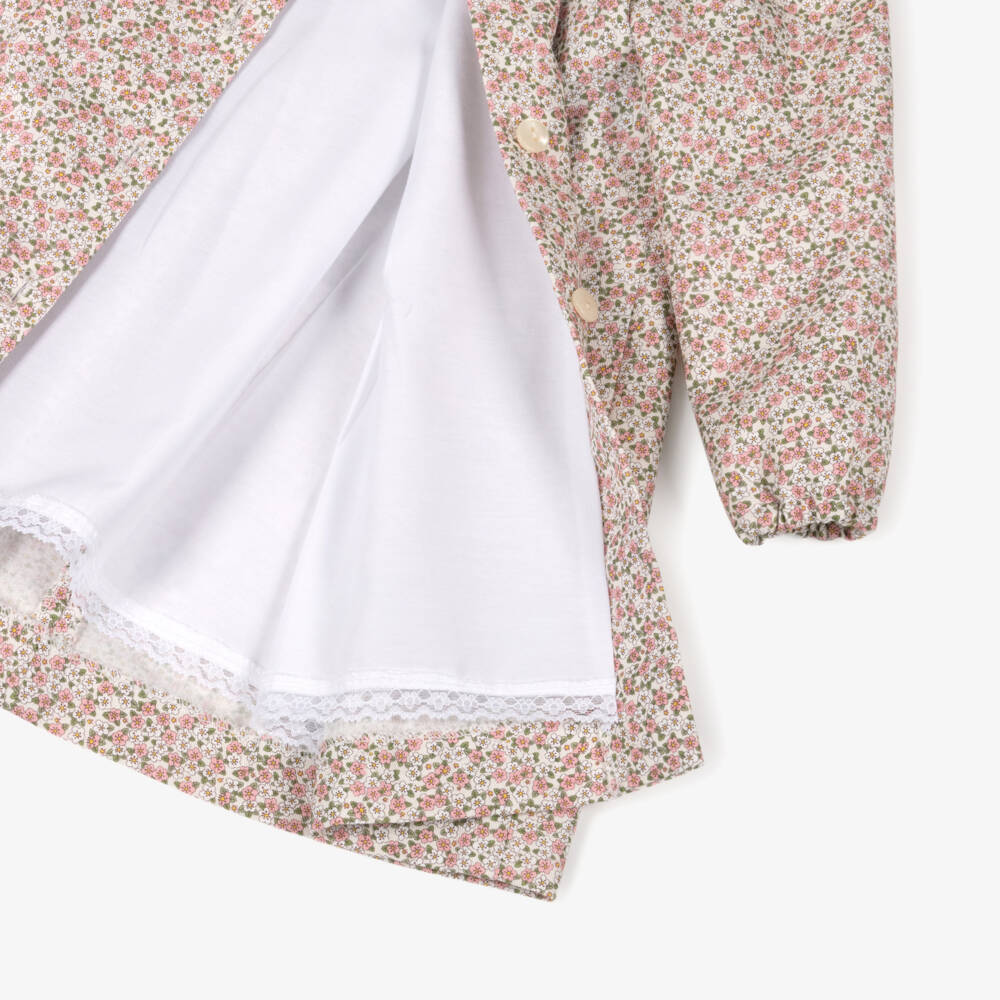 Foque-Girls Pink Cotton Floral Dress with Knitted Collar | Childrensalon Outlet