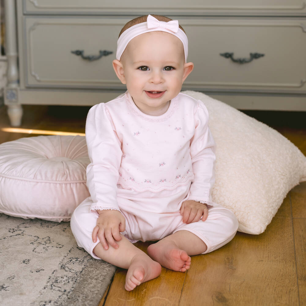 Emile et Rose-Girls Pink Cotton Floral Embroidered Babysuit Set | Childrensalon Outlet