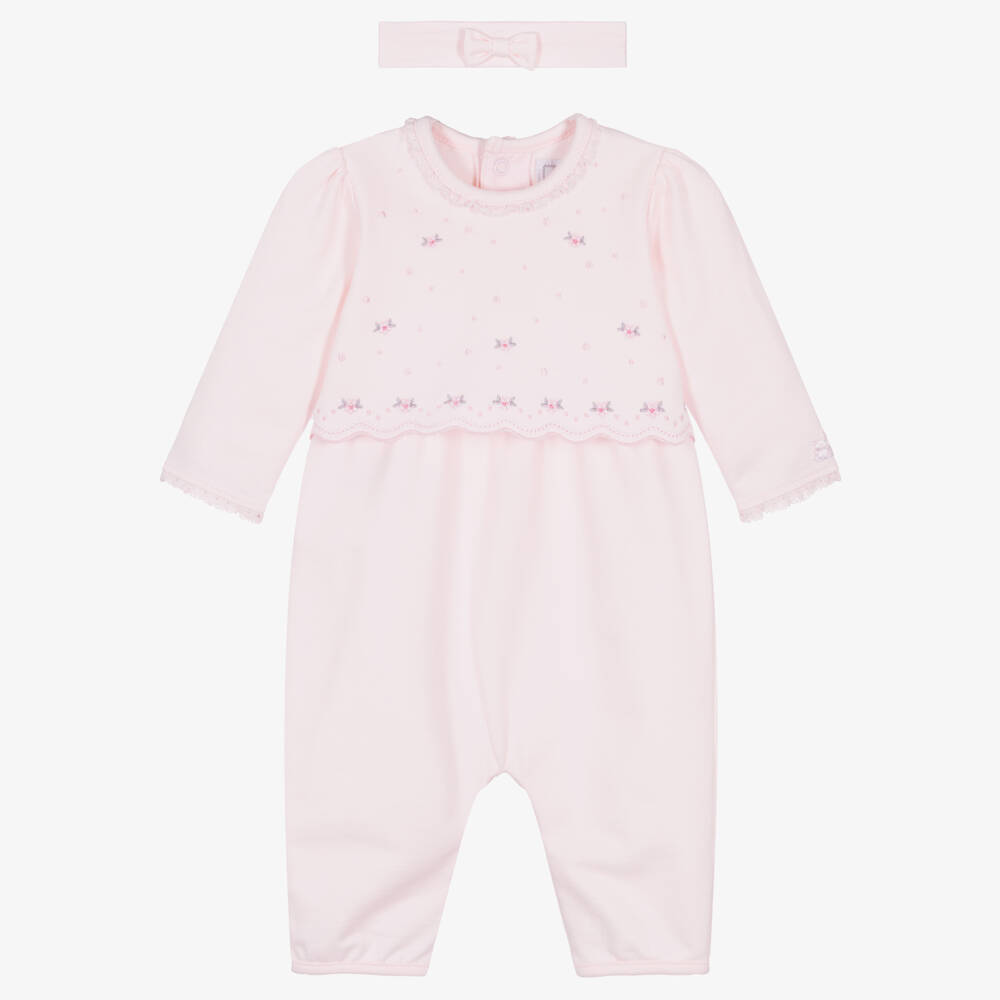 Emile et Rose-Girls Pink Cotton Floral Embroidered Babysuit Set | Childrensalon Outlet