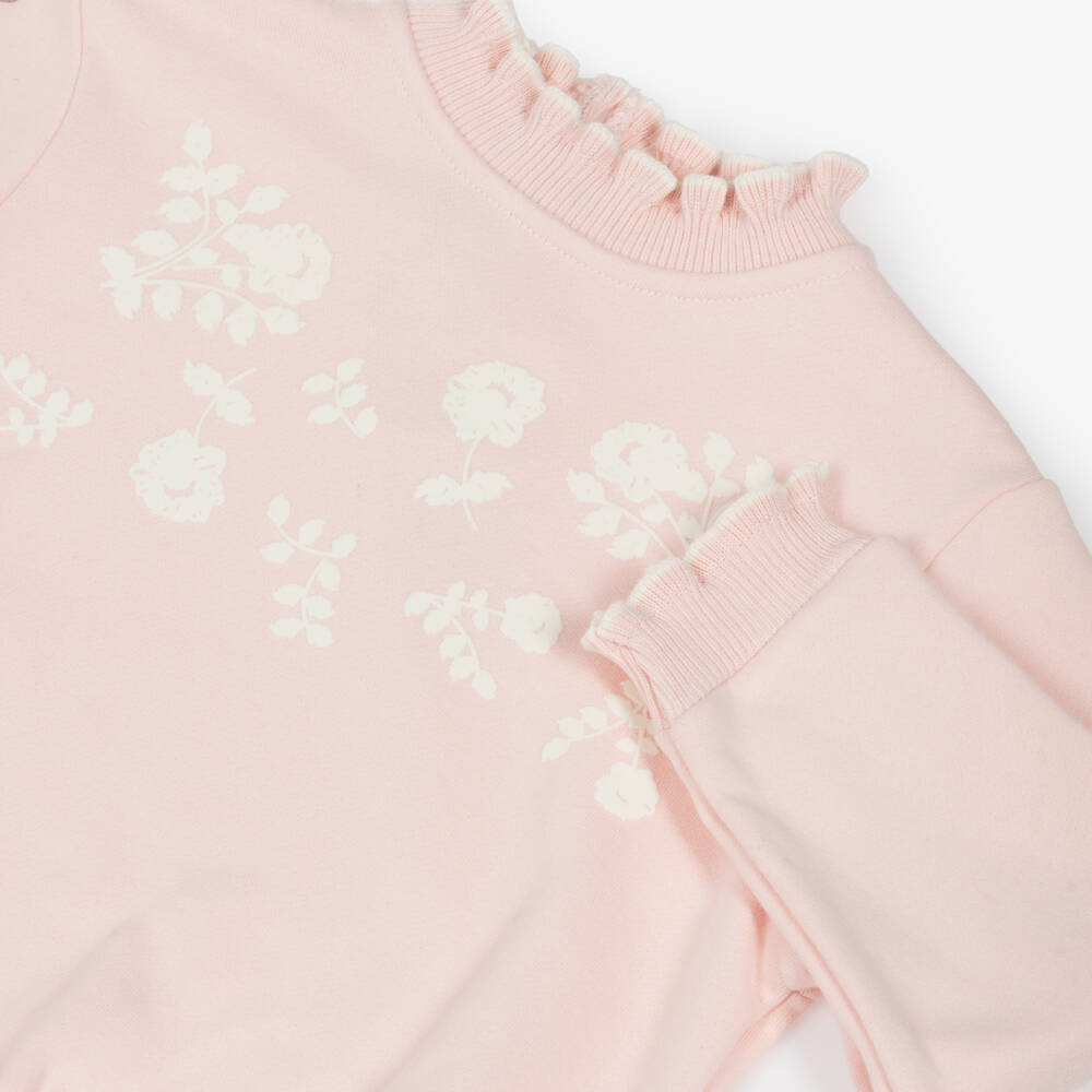 Tartine et Chocolat-Girls Pink Cotton Floral & Frill Sweatshirt | Childrensalon Outlet