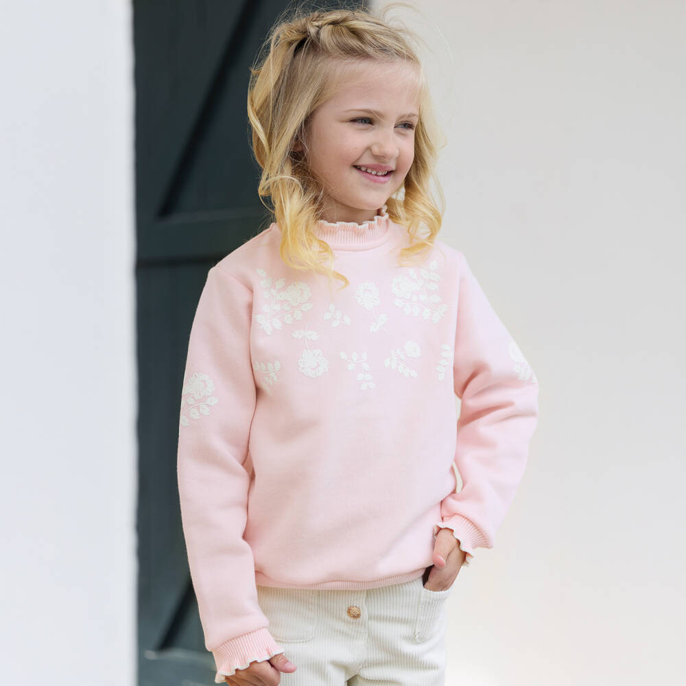 Tartine et Chocolat-Girls Pink Cotton Floral & Frill Sweatshirt | Childrensalon Outlet