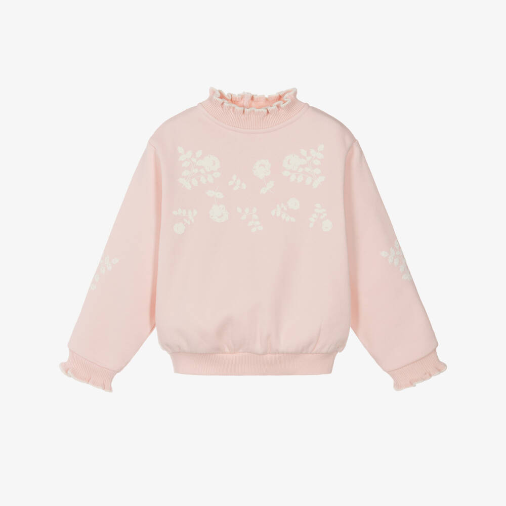 Tartine et Chocolat-Girls Pink Cotton Floral & Frill Sweatshirt | Childrensalon Outlet