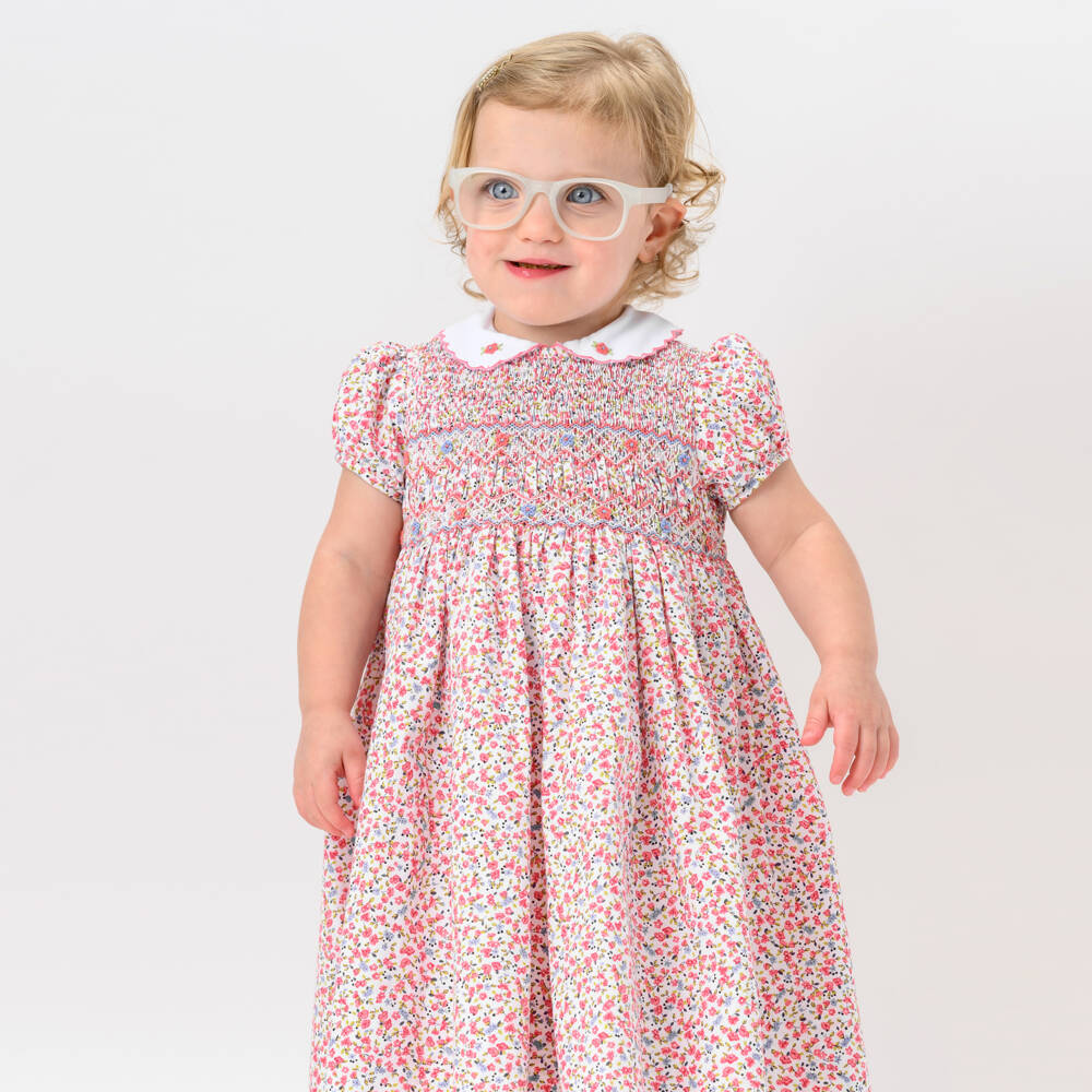 Sarah Louise-فستان بناتي وردي مزخرف بالزهور من القطن النقي | Childrensalon Outlet