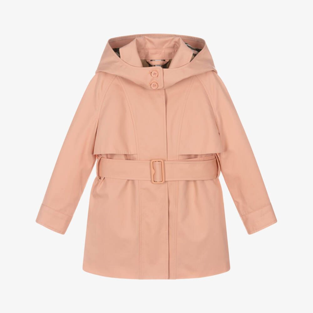 Burberry-معطف قطني وردي فاتح للبنات مع قبعة | Childrensalon Outlet