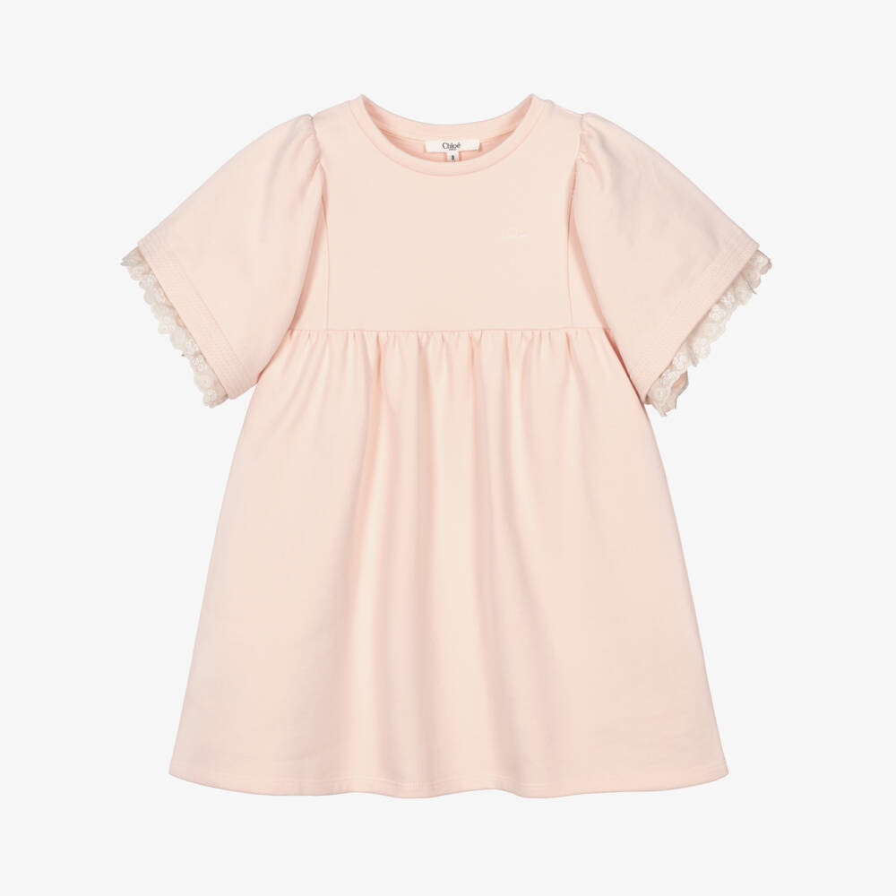 Chloé-فستان بناتي وردي بأكمام كشكش من القطن | Childrensalon Outlet