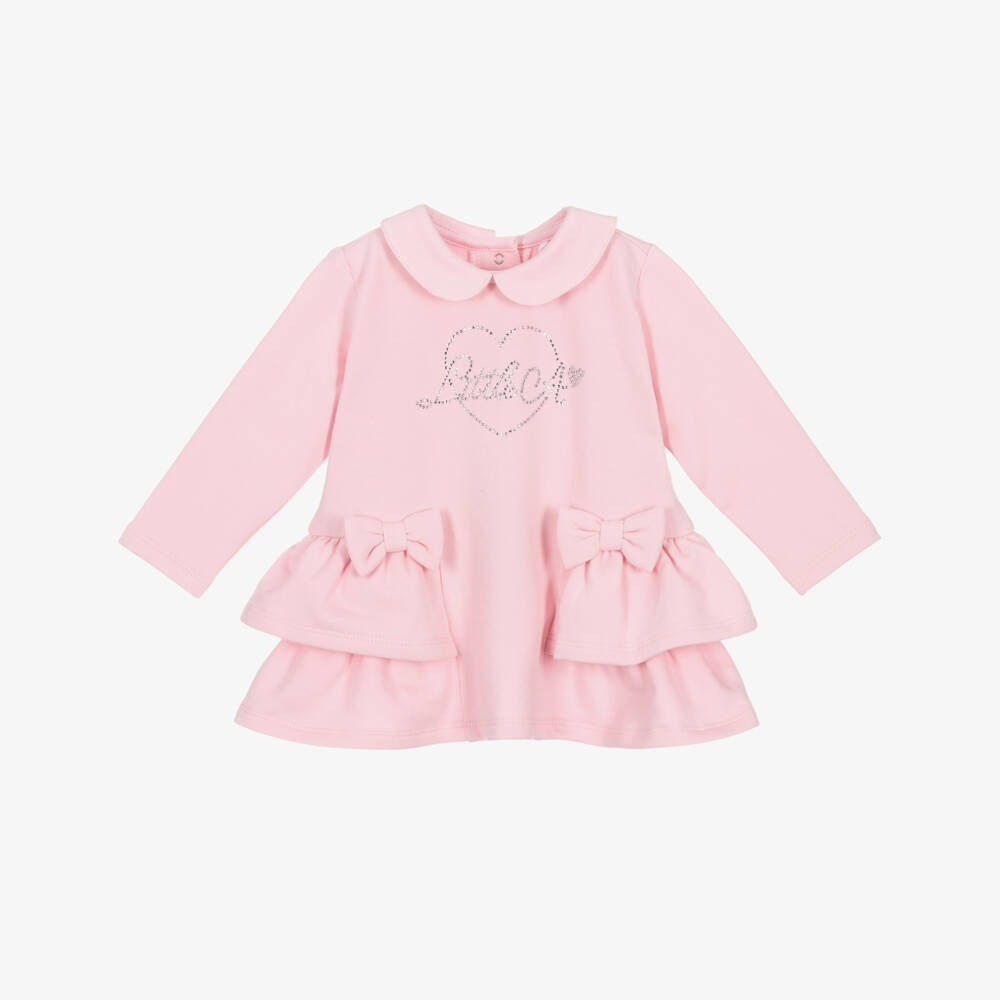 A Dee-Girls Pink Cotton Jersey Dress with Ruffles & Bows | Childrensalon Outlet