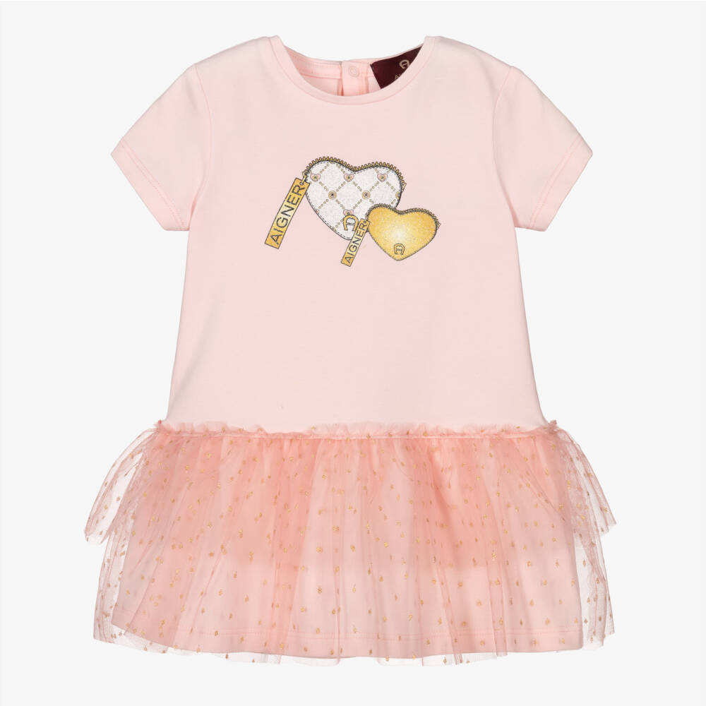 AIGNER-Girls Pink Cotton Jersey Hearts Dress | Childrensalon Outlet