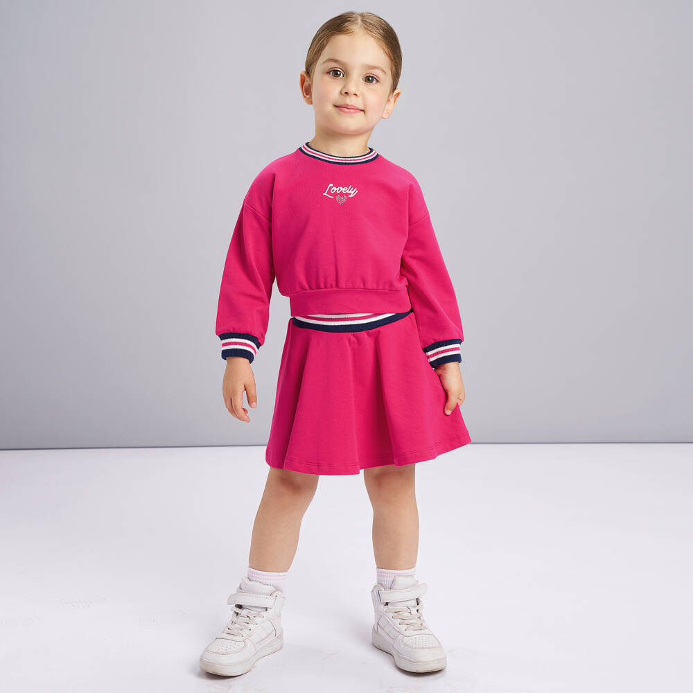 iDO-Girls Pink Cotton Jersey Skirt Set with Blue Ribbed Trims | Childrensalon Outlet